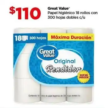 Bodega Aurrerá Great Value Papel higiénico 18 rollos con 300 hojas dobles c/u oferta
