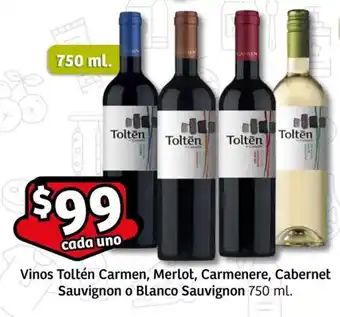 Vinos Toltén Carmen, Merlot, Carmenere, Cabernet Sauvignon o Blanco Sauvignon 750 ml.