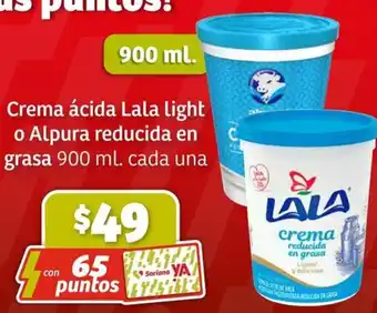 Soriana Express Crema ácida Lala light o Alpura reducida en grasa 900 ml. cada una oferta
