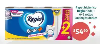 Papel higiénico Regio rinde + 6+2 rollos 280 hojas dobles