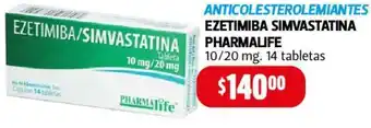 Farmacias Guadalajara ANTICOLESTEROLEMIANTES EZETIMIBA SIMVASTATINA PHARMALIFE 10/20 mg 14 tabletas oferta