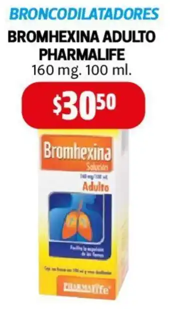 Farmacias Guadalajara BRONCODILATADORES BROMHEXINA ADULTO PHARMALIFE 160mg/ 100ml oferta