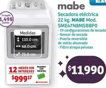 Soriana Híper mabe Secadora eléctrica 22kg oferta