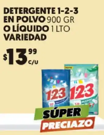 Merco Detergente 1-2-3 en Polvo 900gr o Líquido 1Lto oferta