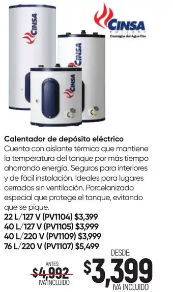 CINSA Calentador de depósito eléctrico 22L / 127V