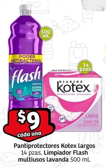 Soriana Express Pantiprotectores Kotex largos 14 pzas. Limpiador Flash multiusos lavanda 500 ml. oferta