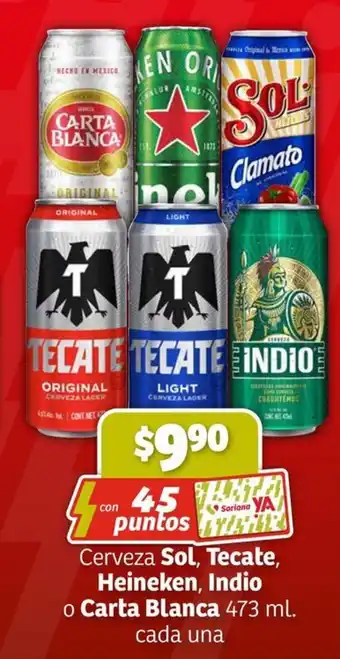 Cerveza Sol, Tecate, Heineken, Indio o Carta Blanca 473 ml. cada una