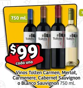 Soriana Express Vinos Tolten Carmen, Merlot, Carmenere, Cabernet Sauvignon o Blanco Sauvignon 750 ml. oferta