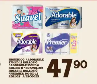 Higienico *Adorable 270 HD 12 Rollos *Adorable 550HD 6 Rollos *Suavel 204 Hojas 12 Rollos *Premier300 HD 12 Rollos A Escoger