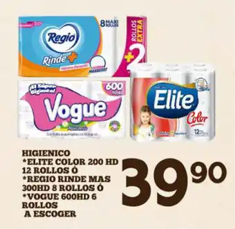 Alsuper Higienico *Elite Color 200HD 12 Rollos *Regio Rinde Mas 300HD 8 Rollos *Vogue 600HD 6 Rollos A Escoger oferta