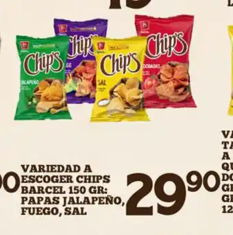 Alsuper Variedad A Escoger Chips Barcel 150 gr: Papas jalapeño, Fuego, Sal oferta