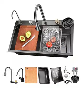 Mercado Libre Fregadero De Cocina Con Cascada Negro Acero Inoxidable 68x45 oferta