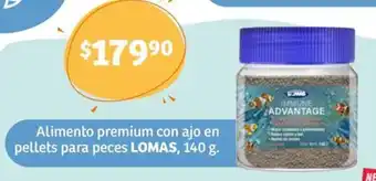 Alimento premium con ajo en pellets para peces LOMAS, 140 g.