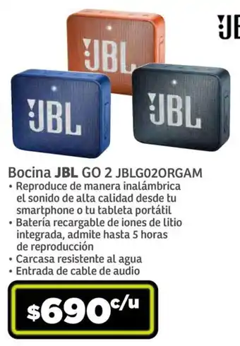 Soriana Híper Bocina JBL GO 2 JBLG02ORGAM oferta