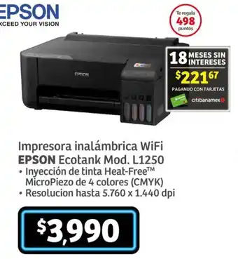 Impresora inalámbrica WiFi EPSON Ecotank Mod. L1250
