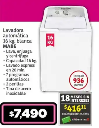 Soriana Híper Lavadora automática 16 kg. blanca MABE oferta