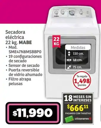 Soriana Híper Secadora eléctrica 22 kg. MABE oferta
