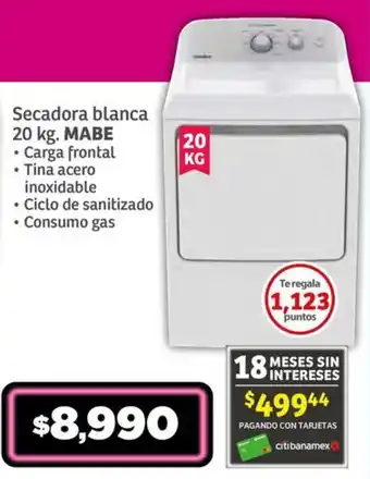 Soriana Híper Secadora blanca 20 kg. MABE oferta