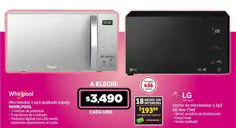 Soriana Híper Microondas 1.4p3 acabado espejo WHIRLPOOL / Horno de microondas 1.5p3 LG Neo Chef oferta