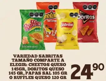 Alsuper Variedad Sabritas Tamaño Comparte A Elegir: Cheetos Queso 145gr, Doritos Queso 145 g, papas sal 105gr o ruffles queso 120gr oferta