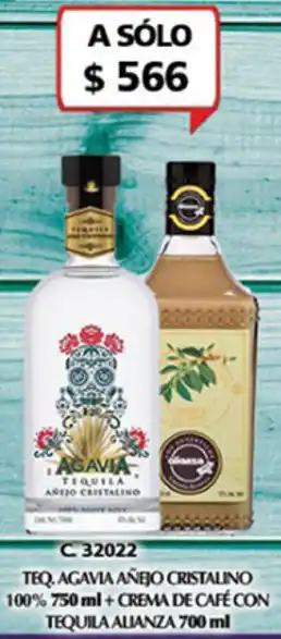 Bodegas Alianza Tequila Agavia Añejo Cristalino 100% 750ml + Crema de Café con Tequila Alianza 700ml oferta