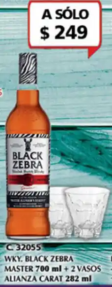 Whisky Black Zebra Master 700ml + 2 Vasos Alianza Carat 282 ml