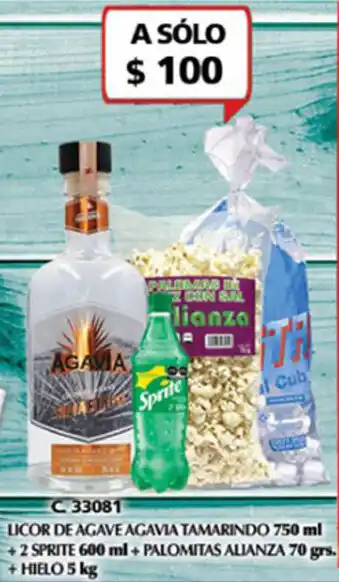 Licor de Agave Agavia Tamarindo 750ml + 2 Sprite 600ml + Palomitas Alianza 70grs. + Hielo 5kg