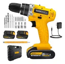 Mercado Libre Taladro percutor atornillador inalámbrico de 10mm 3 en 1 Raganet OT032 + accesorios con maletín de transporte + 2 baterías y oferta