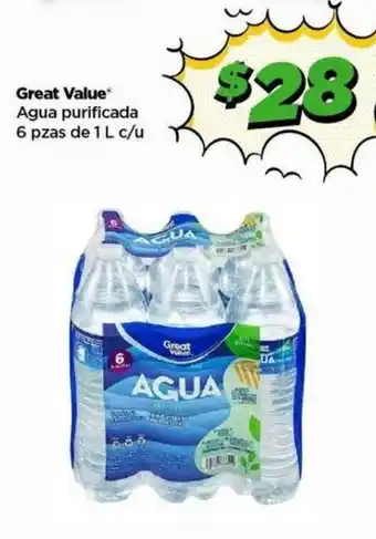 Bodega Aurrerá Great Value Agua purificada 6 pzas de 1L c/u oferta