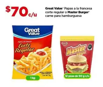 Bodega Aurrerá Great Value Papas a la francesa corte regular o Master Burger carne para hamburguesa oferta