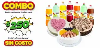 Bodega Aurrerá Pastel mediano de 3 leches a solo llévate 1 refresco Aurrera oferta