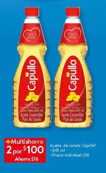 Walmart Aceite de canola Capullo 845 ml x 2 oferta