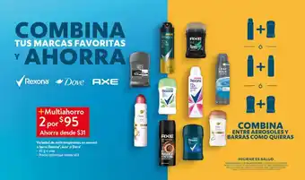 Walmart Variedad de antitranspirantes en aerosol o barra Rexona, Axe o Dove 45 g o más 2 por oferta