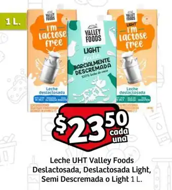 Soriana Mercado Leche UHT Valley Foods Deslactosada, Deslactosada Light, Semi Descremada o Light 1 L. oferta