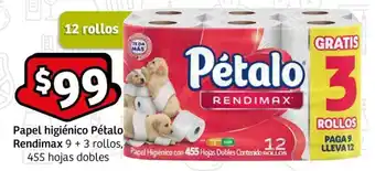 Soriana Mercado Papel higiénico Pétalo Rendimax 9 + 3 rollos, 455 hojas dobles oferta