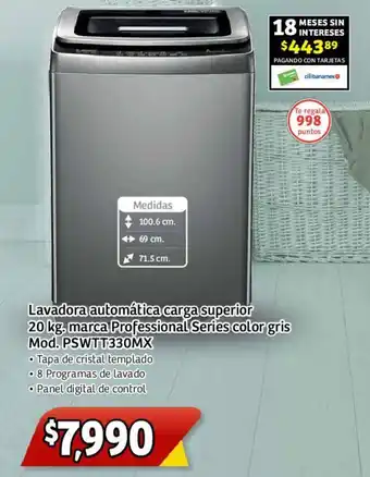 Lavadora automática carga superior 20 kg, marca Professional Series color gris Mod. PSWTT330MX