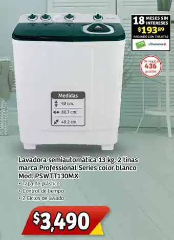 Lavadora semiautomática 13 kg. 2 tinas marca Professional Series color blanco Mod. PSWTT130MX