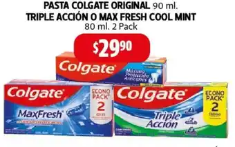 Farmacias Guadalajara PASTA COLGATE ORIGINAL 90ml/ TRIPLE ACCIÓN O MAX FRESH COOL MINT 80 ml 2 Pack oferta