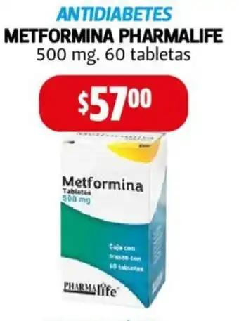 Farmacias Guadalajara ANTIDIABETES METFORMINA PHARMALIFE 500mg 60 tabletas oferta