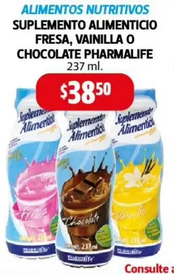 Farmacias Guadalajara ALIMENTOS NUTRITIVOS SUPLEMENTO ALIMENTICIO FRESA, VAINILLA O CHOCOLATE PHARMALIFE 237ml oferta