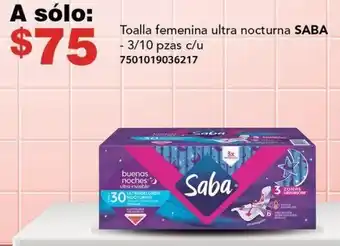 Toalla femenina ultra nocturna SABA 3/10 pzas