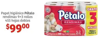 Soriana Híper Papel higiénico Pétalo rendimax 9+3 rollos 455 hojas dobles oferta