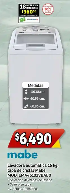 Lavadora automática 16 kg. tapa de cristal Mabe MOD. LMA46102VBABO