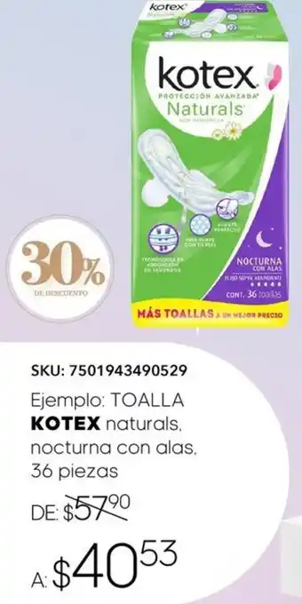 TOALLA KOTEX naturals, nocturna con alas 36 piezas