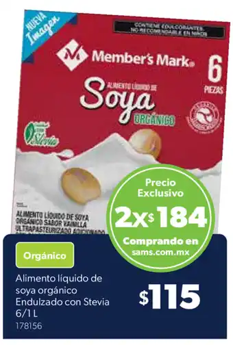 Sam's Club Alimento Líquido de Soya Orgánico Endulzado con Stevia 6/1L oferta