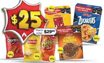 Bodega Aurrerá Doritos 146g, Sabritas 105g, Cheetos 105g, Corn Pops 160g, Choco Kripis 220g, Zucaritas 200g oferta
