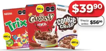 Bodega Aurrerá Trix 480g, Carlos V Cereal 590g, Cookie Crisp 480g oferta