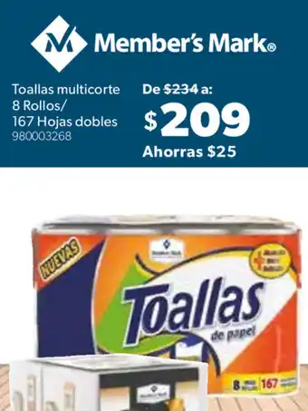 Sam's Club Member's Mark Toallas Multicorte 8 Rollos/167 Hojas Dobles oferta