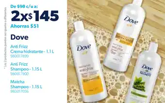 Sam's Club Dove Anti-Frizz Crema Hidratante 1.1L, Anti-Frizz Shampoo 1.15L, Matcha Shampoo 1.15L oferta