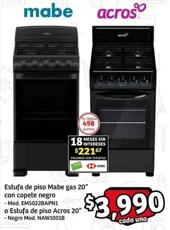 Soriana Express Estufa de piso Mabe gas 20" con copete negro - Mod. EM5022BAPN1 o Estufa de piso Acros 20" - Negro Mod. NAW1001B oferta